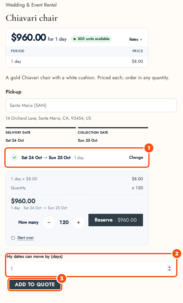 A gold Chiavari chair rental page with a price card, a pickup location, delivery on Saturday 24 October and collection on Sunday 25 October, a quantity of 120, the field My dates can move by (days) set to 1, and an Add to quote button