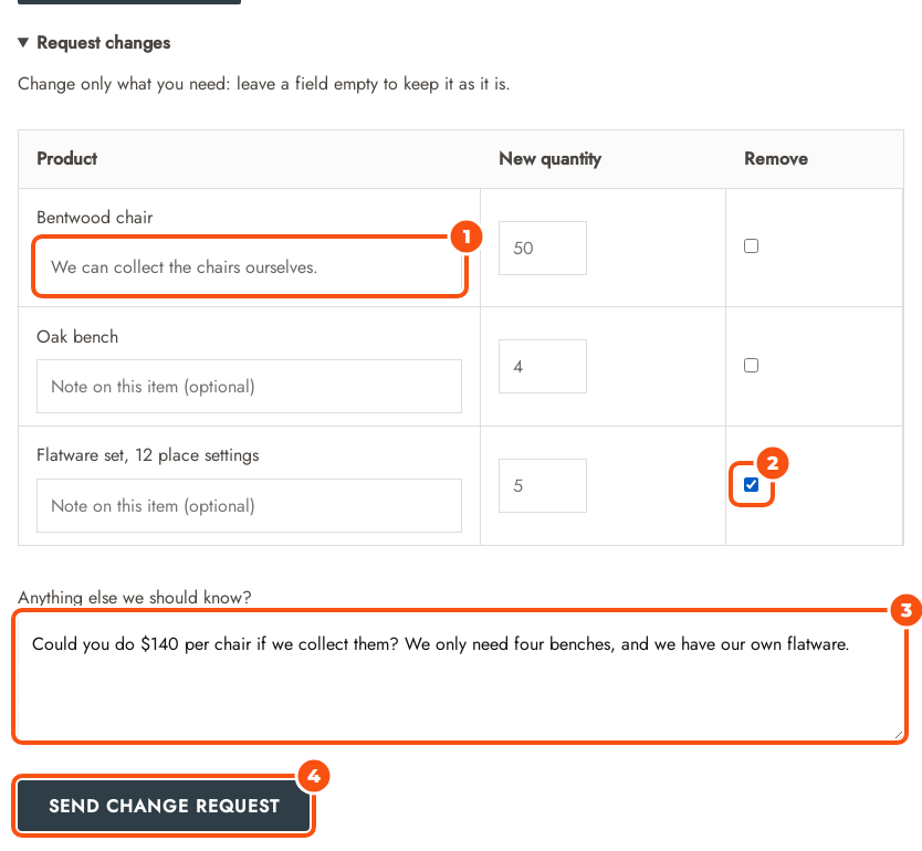 The Request changes form with a note for the bentwood chair, a new quantity of 4 oak benches, the flatware set ticked for removal, a message and the Send change request button