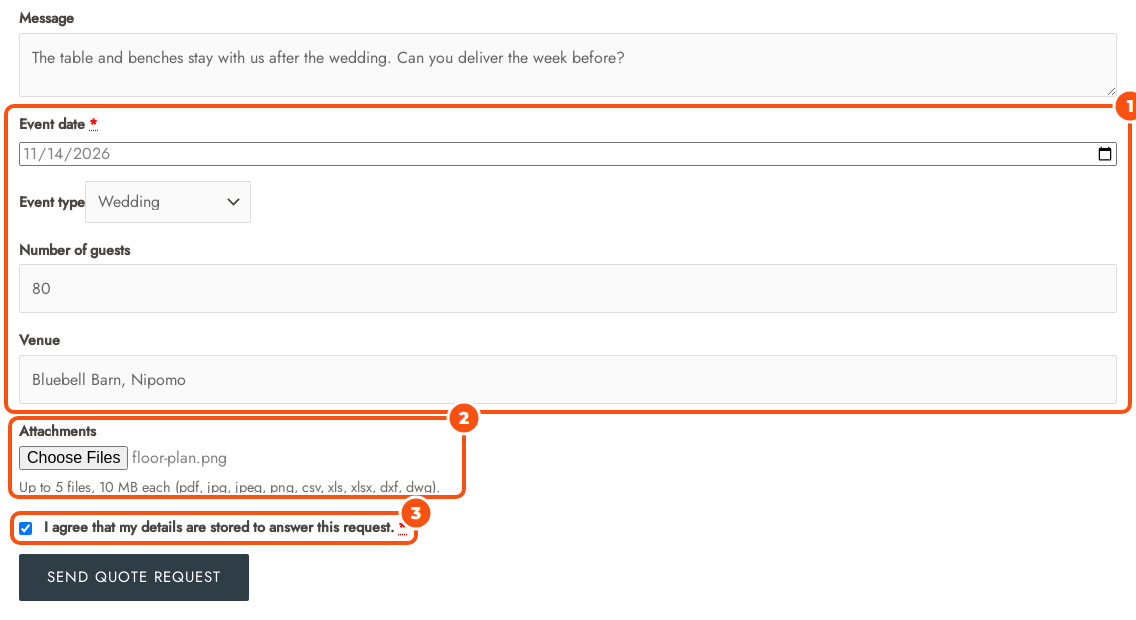 The lower part of the request form with a message, the custom fields Event date, Event type, Number of guests and Venue filled in, a floor plan attached, the consent checkbox ticked and the Send quote request button