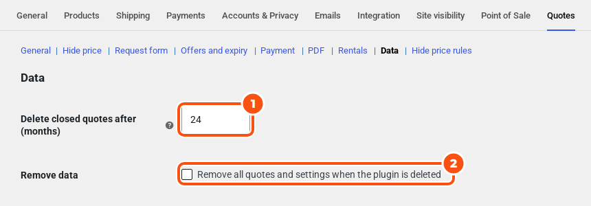 The Data settings with Delete closed quotes after 24 months and the Remove data option unticked