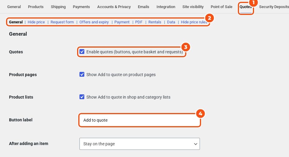 WooCommerce settings on the Quotes tab, General section, with Enable quotes ticked, Add to quote shown on product pages and in lists, and the button label Add to quote