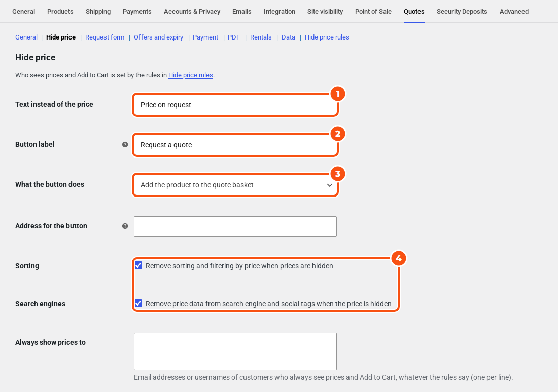 The Hide price settings section with the text Price on request, the button label Request a quote, the button action Add the product to the quote basket, and the Sorting and Search engines options ticked