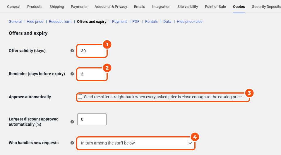 The Offers and expiry settings with Offer validity 30 days, Reminder 3 days before expiry, Approve automatically, Largest discount approved automatically 0 percent, and Who handles new requests set to In turn among the staff below