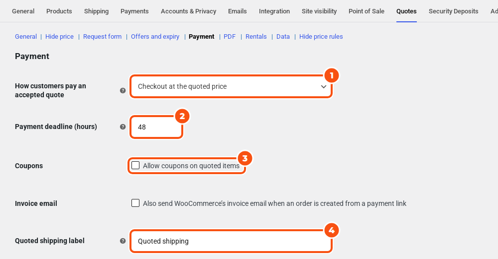 The Payment settings with How customers pay an accepted quote set to Checkout at the quoted price, a payment deadline of 48 hours, Allow coupons on quoted items unticked, the invoice email option and the quoted shipping label Quoted shipping
