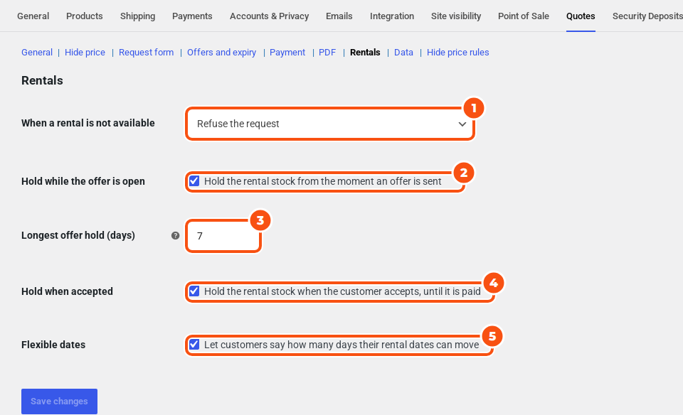The Rentals settings with When a rental is not available set to Refuse the request, Hold while the offer is open ticked, Longest offer hold 7 days, Hold when accepted ticked and Flexible dates ticked