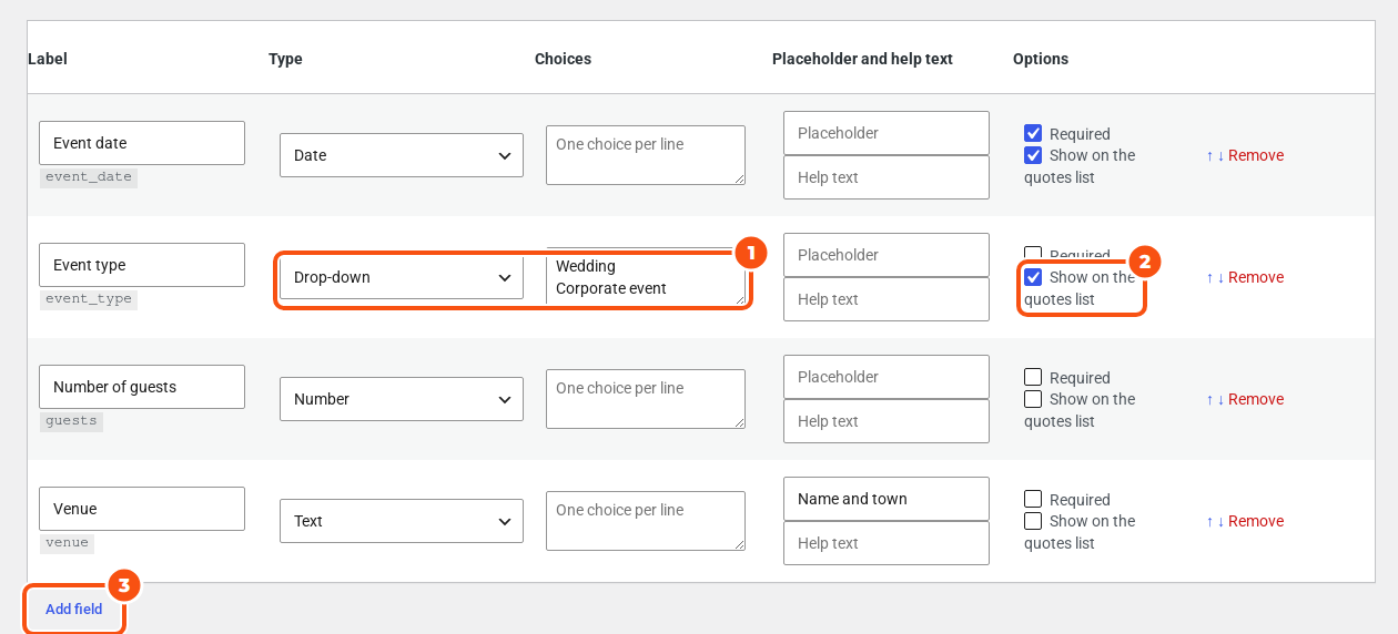 The custom fields table in the Request form settings with four fields: Event date (Date), Event type (Drop-down with choices), Number of guests (Number) and Venue (Text), each with Required and Show on the quotes list options