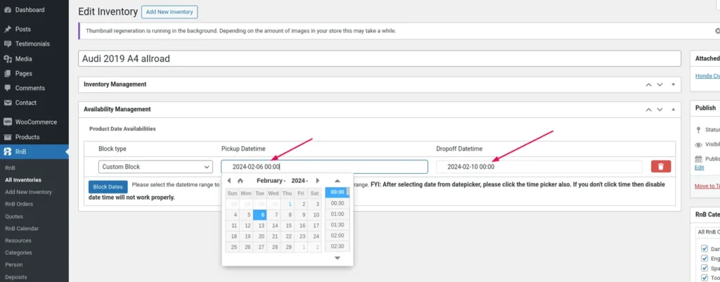 RnB Edit Inventory screen with Availability Management: a custom block from a pickup to a drop-off date and time
