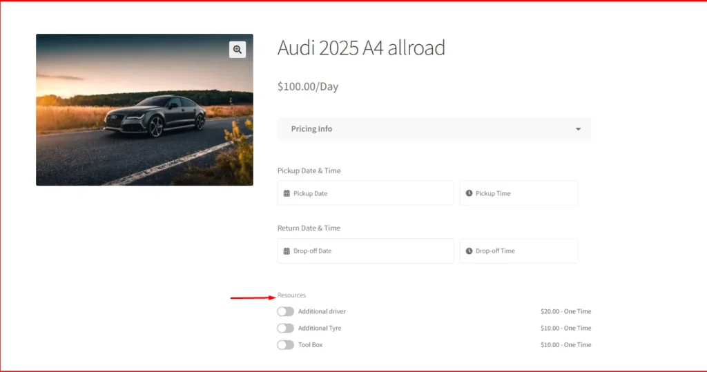RnB booking form on a car rental product page: pickup and return date and time, and priced resources