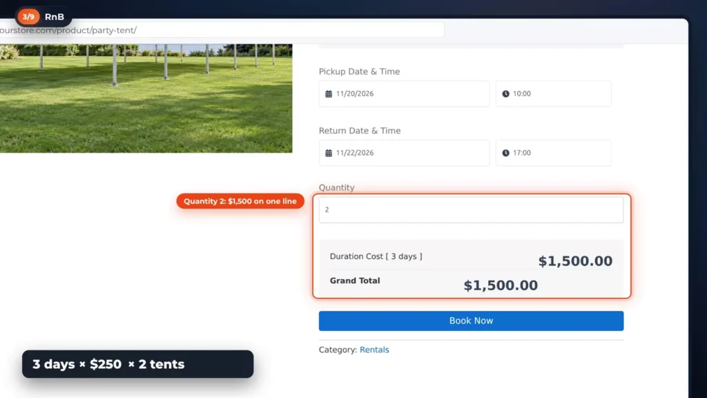 RnB product page with quantity 2 for three days: duration cost ,500