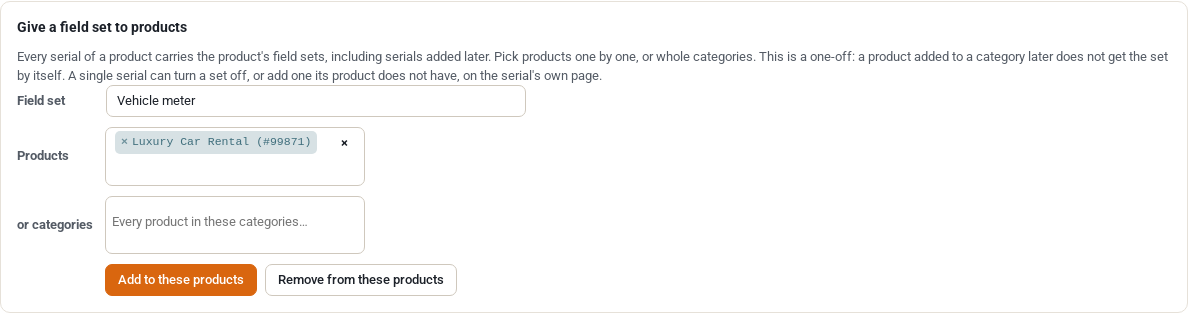 Give a field set to products with Vehicle meter chosen and the product Luxury Car Rental picked