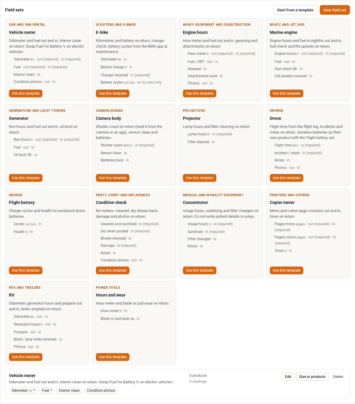 The Start from a template list of fourteen ready-made field sets with their fields, such as Vehicle meter, E-bike, Engine hours, Generator and Condition check