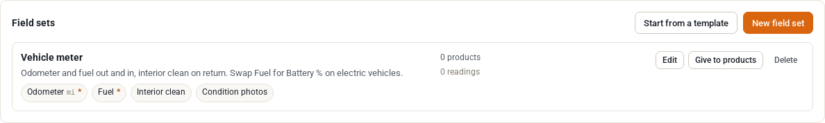 Serial custom fields settings with a field set called Vehicle meter listing the fields Odometer, Fuel, Interior clean and Condition photos with buttons Edit, Give to products and Delete