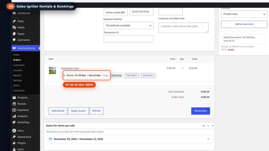 WooCommerce admin order with the 20x40 party tent rented Fri 20 to Sun 22 Nov for 0, with Edit dates and Swap item buttons