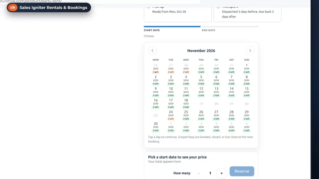 Sales Igniter product page calendar for November 2026 with 0 and the number of tents left on every day