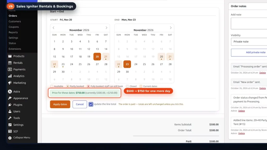 Edit dates on an admin order: the return moves to Mon 23 Nov and the price for the new dates is 0, up from 0