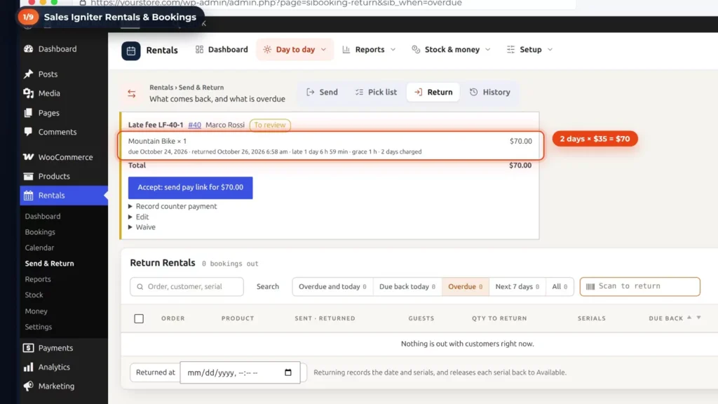 Return screen with a late fee for a mountain bike: 2 days at , , and a button to send a pay link