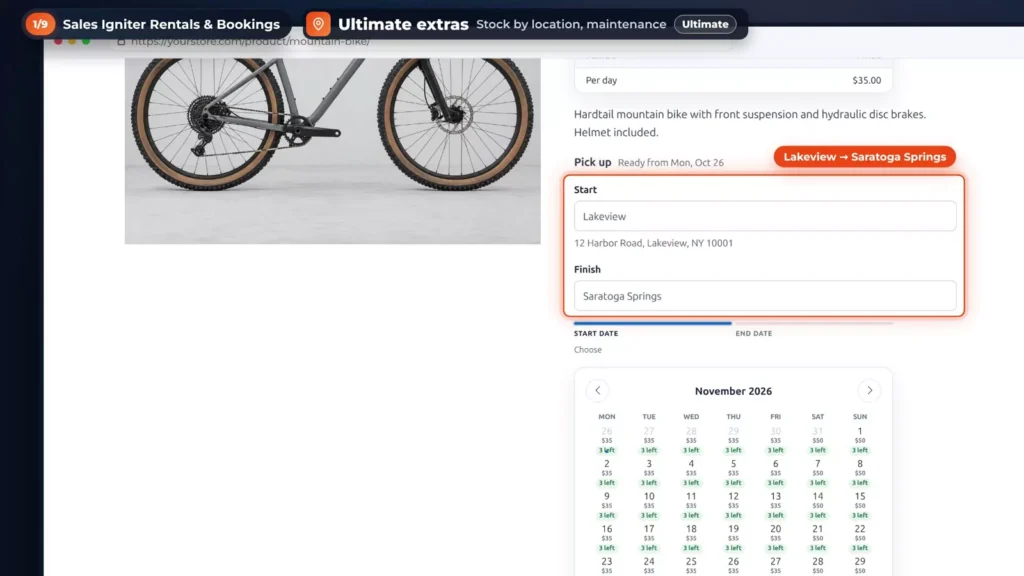 Ultimate extras: mountain bike product page with pick-up in Lakeview and return in Saratoga Springs