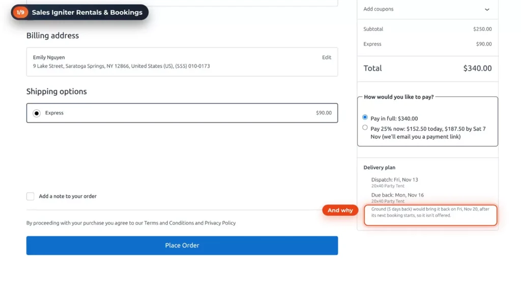 Checkout offering only Express shipping, with a delivery plan explaining that Ground would bring the tent back after its next booking starts