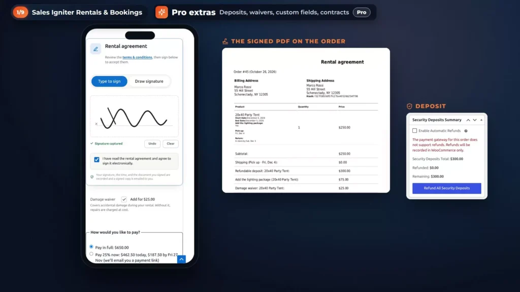 Pro extras: a rental agreement signed on a phone at checkout, the signed PDF on the order and a 0 security deposit summary