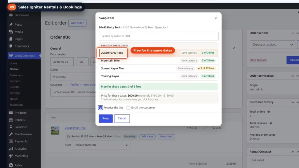 Swap item dialog listing the products free for the same dates, with the 20x30 party tent at 0