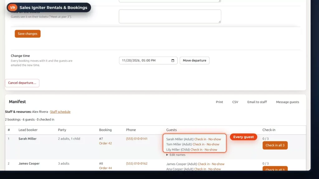 Tour departure manifest listing each guest with their booking, phone number and check-in buttons