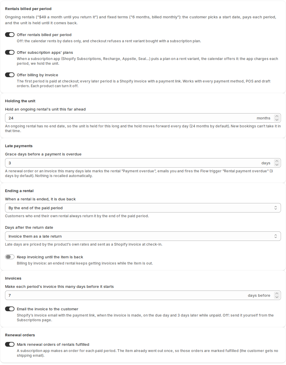 Settings Subscriptions with three switches for rentals billed per period, subscription apps' plans and billing by invoice, and sections for holding the unit, late payments, ending a rental, invoices and renewal orders