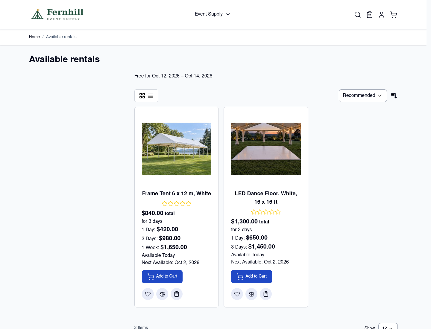 The Available rentals page on a Hyvä store showing Free for Oct 12 2026 to Oct 14 2026 above two cards, a frame tent at 840 dollars total for 3 days and an LED dance floor at 1300 dollars total for 3 days