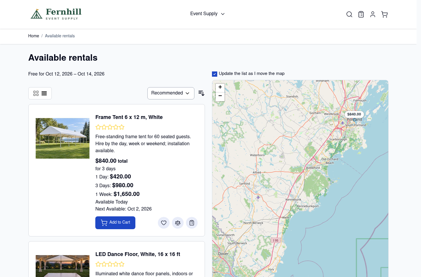 The results page in split layout with the list of frame tent and LED dance floor on the left and a map of southern Maine on the right with a price pin of 840 dollars at Portland