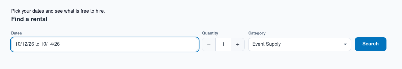 The Rental search widget as a bar with a Dates field showing 10/12/26 to 10/14/26, a Quantity stepper, a Category list and a Search button