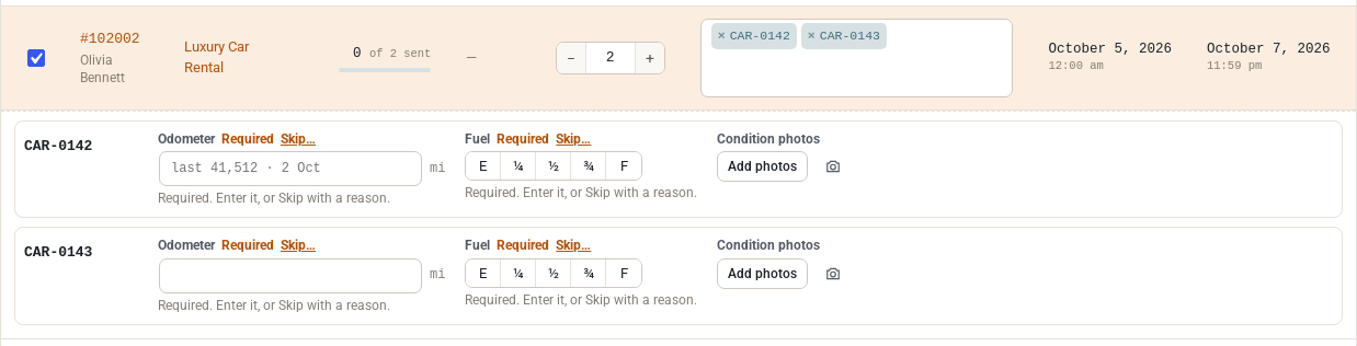 Send Rentals row for a luxury car rental with two serials chosen and an inline panel for each serial with Odometer, Fuel and Condition photos fields marked Required