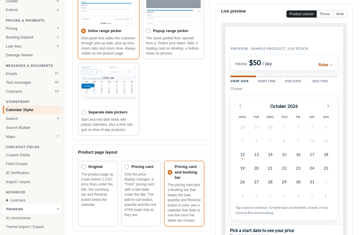 The lower half of the Calendar Styler: the four calendar styles, the main colour with suggested swatches, the availability badge colours with the low stock threshold, and the options for corner radius, time slot interval, progress legend, price per day and units left