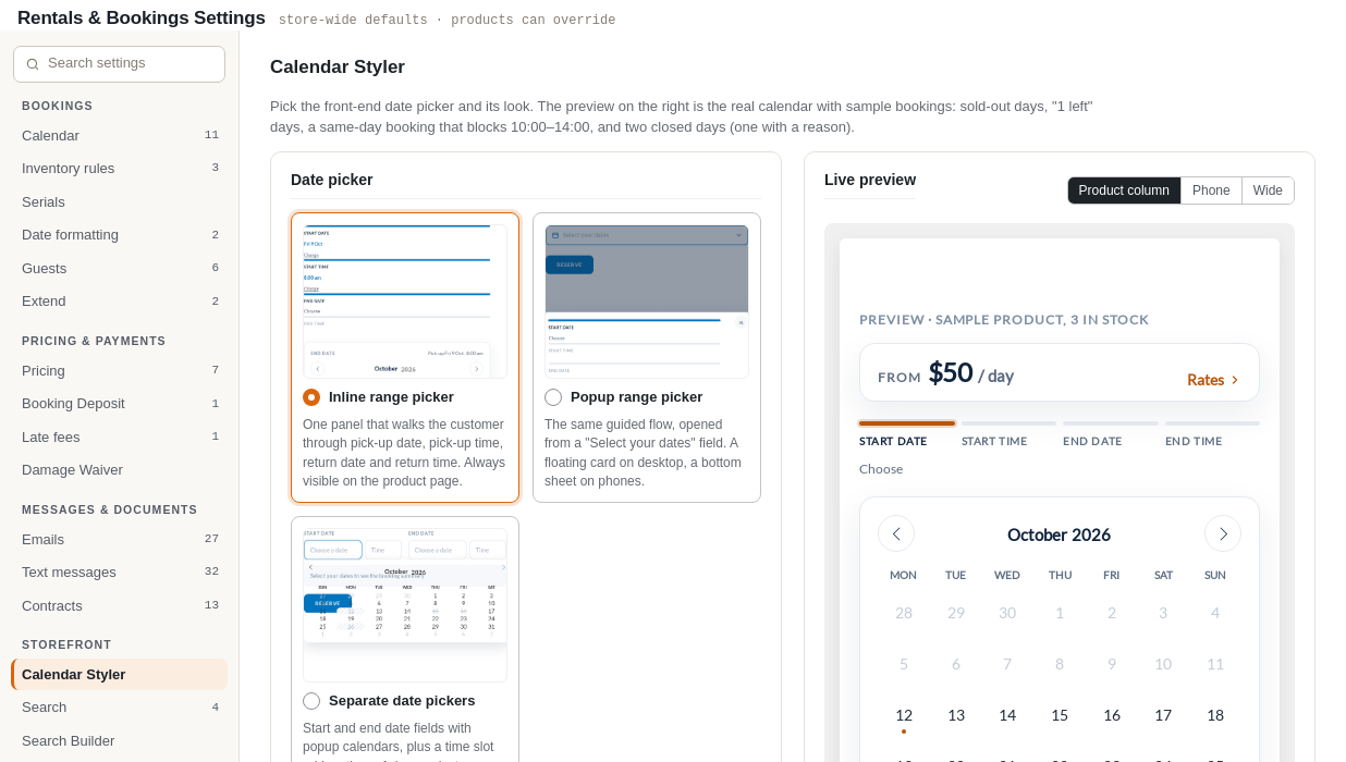 The Calendar Styler tab: four date picker choices (In Line Range Picker, Popup Range Picker, Separate Date Pickers, Previous Date Picker), three product page layouts (Original, Modern Pricing, Modern Pricing & Layout) and a live preview of the calendar on a sample product