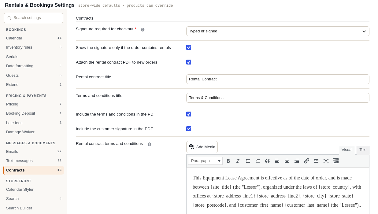 The Contracts tab: signature requirement, contract and terms titles, what to include on the PDF, the contract text editor, store logo, consent statement, emailing the signed contract, the signature certificate page and the business legal name