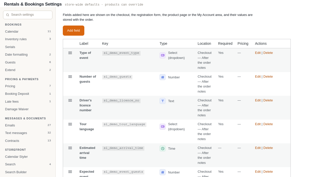 The Custom Fields tab: an Add field button, an empty table of fields with Label, Key, Type, Location, Required, Pricing and Actions columns, and the export and import tools