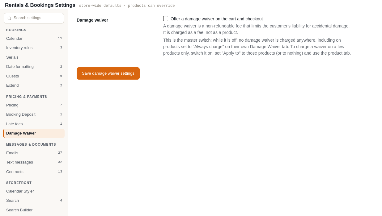 The Damage Waiver tab: enable the waiver, waiver name, description, amount type (fixed or percentage), amount, minimum and maximum, quantity, charge mode, acceptance, tax, product page notice and which products it applies to