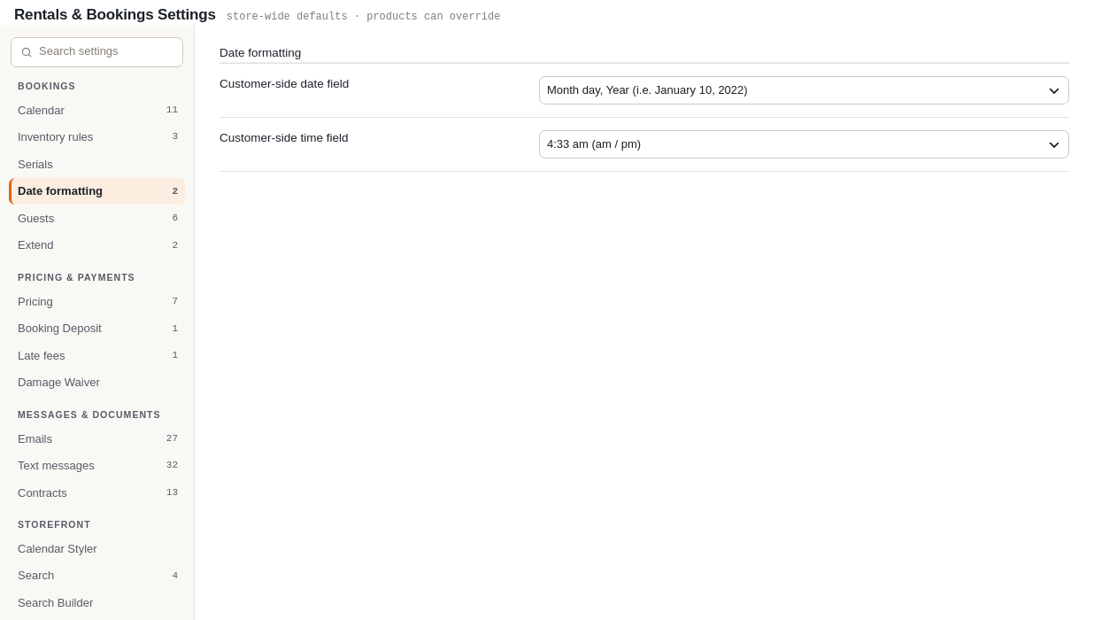 The Date Formatting tab with two drop-downs: Customer Side Date Field Input set to Month day, Year and Customer Side Time Field set to 4:33 am