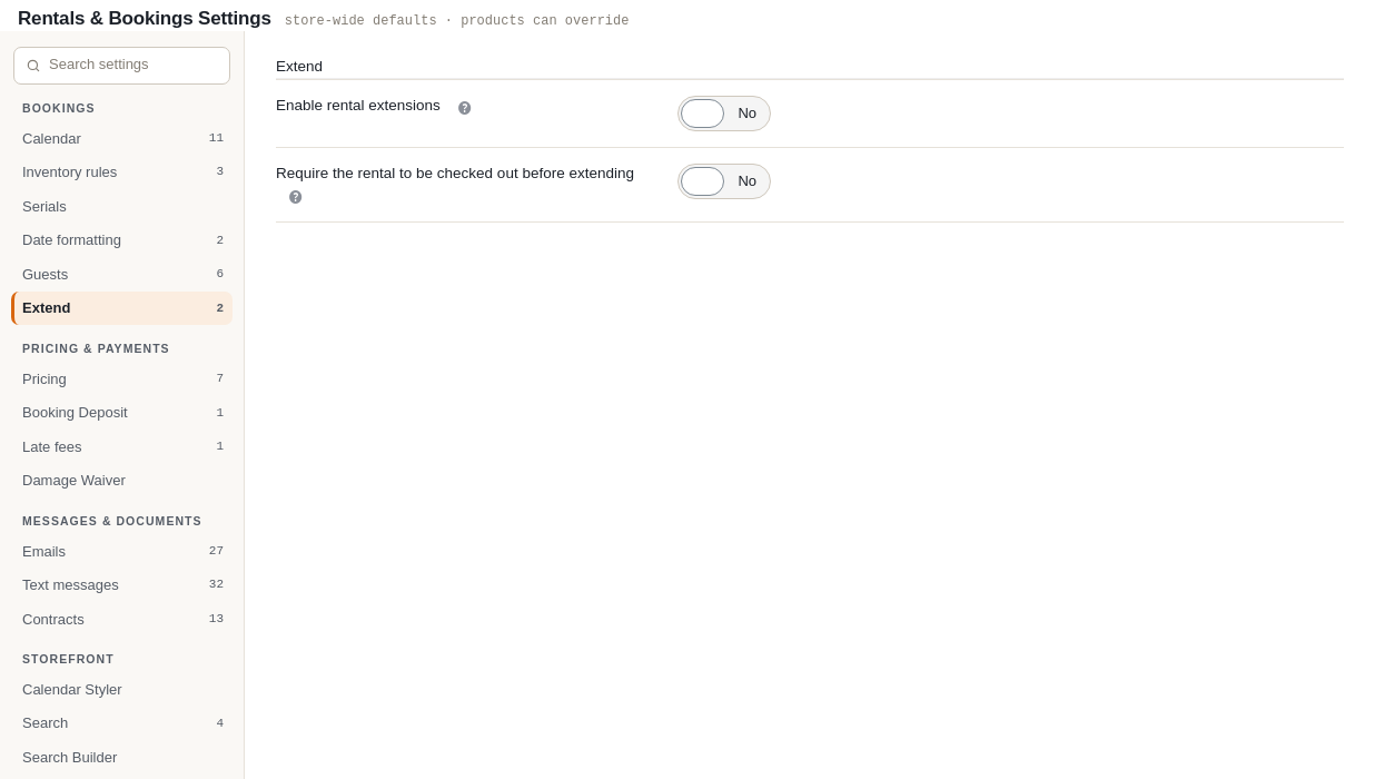 The Extend tab with two switches: Enable rental extensions (on) and Require the rental to be checked out before extending (off)