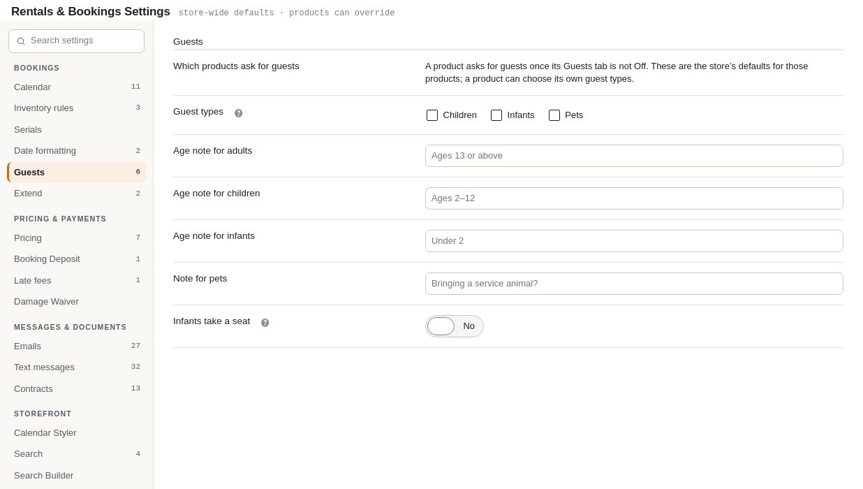 Rentals Settings Guests tab in WooCommerce admin with guest type checkboxes for children, infants and pets, age notes and an Infants take a seat switch