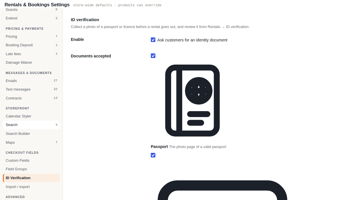 The ID Verification tab: enable switch, the four accepted document types with icons, checkout options, minimum age, largest upload, review options, how long to keep documents and which products it applies to