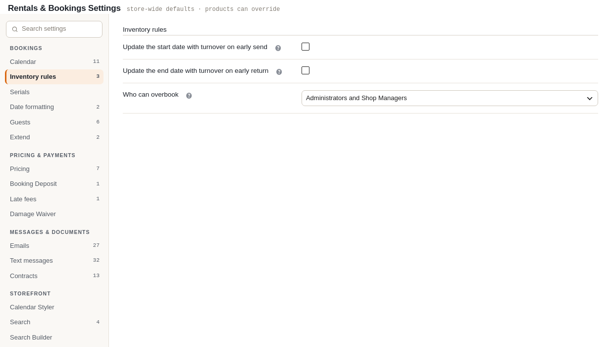 The Inventory Rules tab with two switches: Update Start Date With Turnover On Early Send and Update End Date With Turnover On Early Return