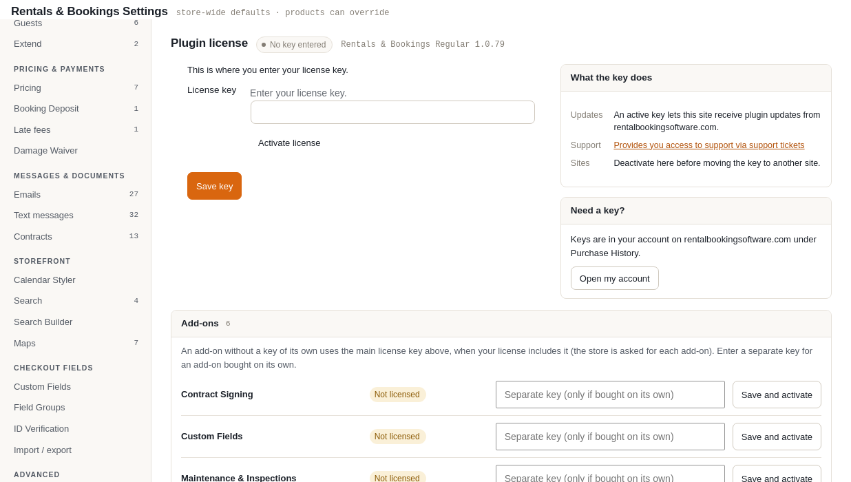 The License tab of Rentals and Bookings Settings, where a WooCommerce rental plugin licence key is entered