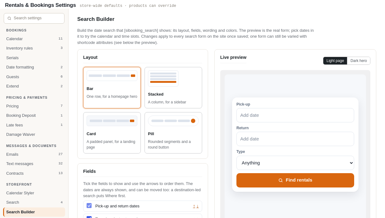 The Search Builder tab in Rentals Settings, with layout, fields and products settings on the left and a live preview of the search form on the right