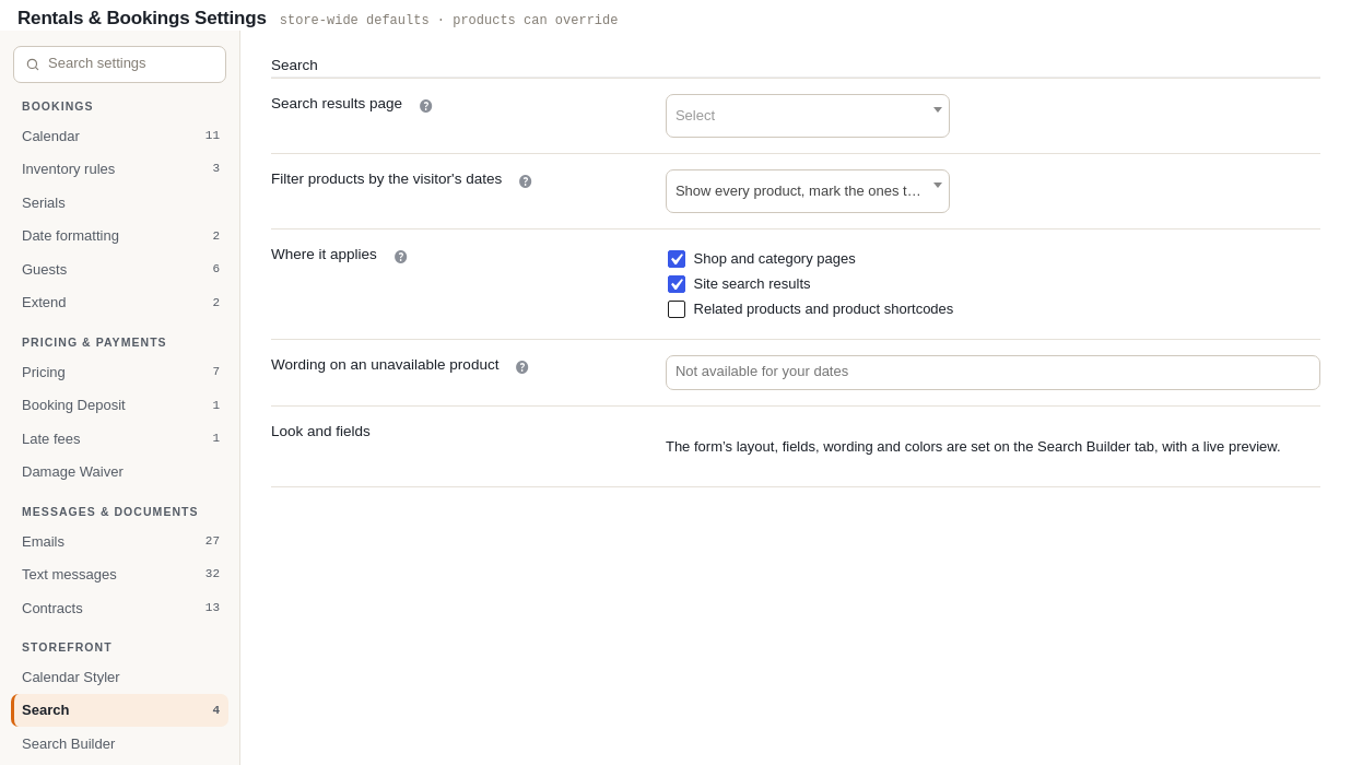 The Search tab in Rentals Settings with the Search results page, Filter products by the visitor's dates, Where it applies and Wording on an unavailable product settings