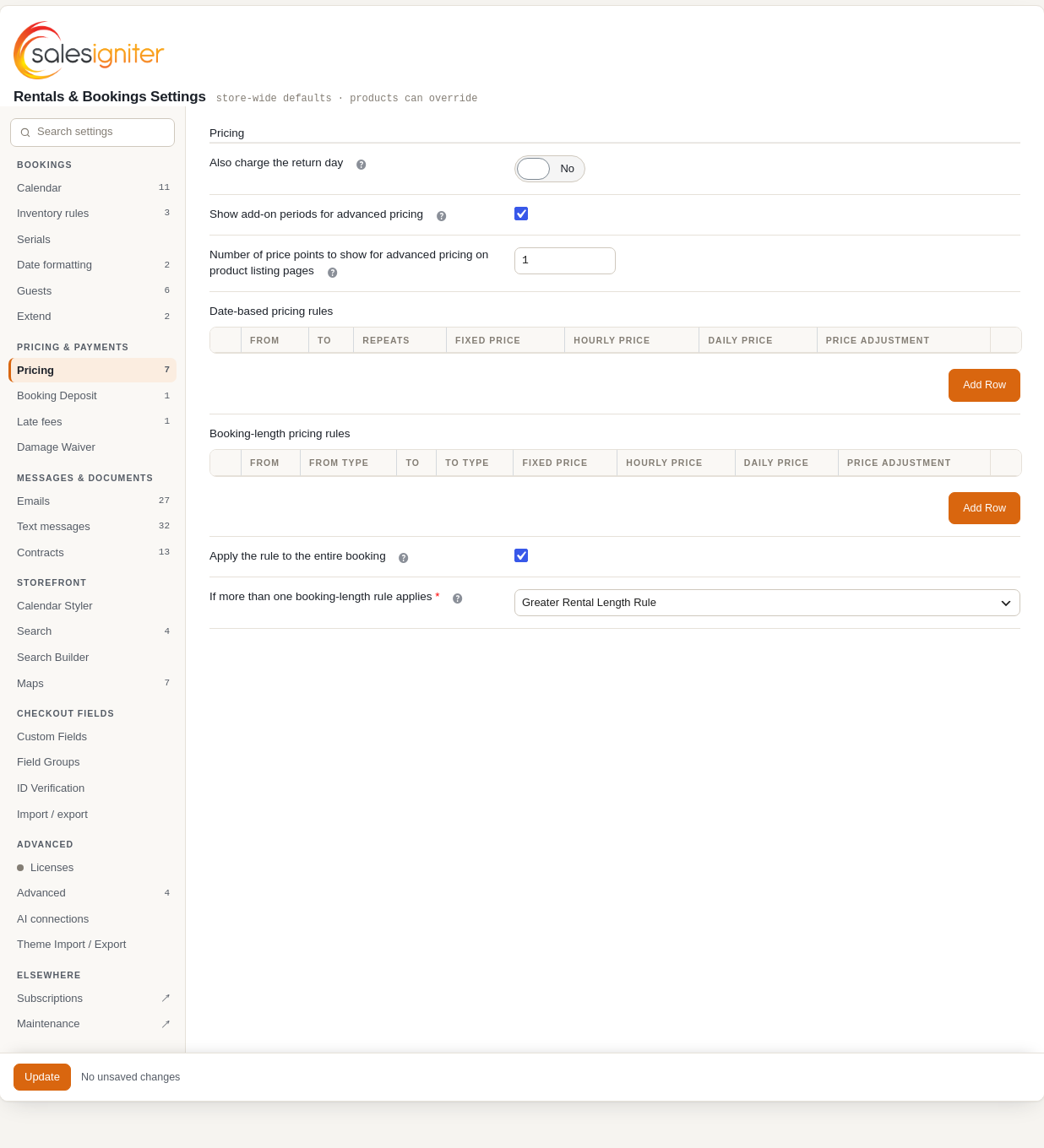 The Rentals & Bookings Settings page header with its tabs grouped in a column on the left, with a search box above them