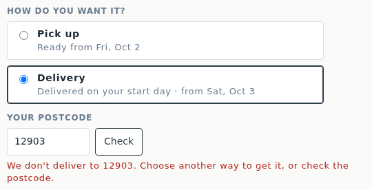 The product page with Delivery chosen and the postcode 12903 entered, and the message We don't deliver to 12903. Choose another way to get it, or check the postcode