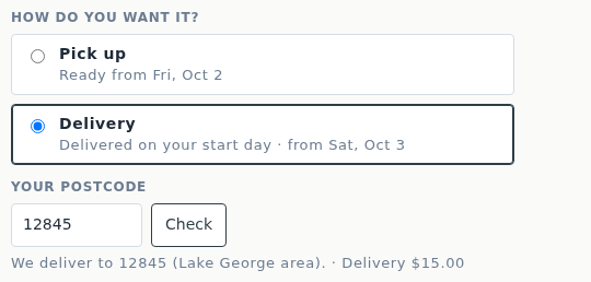 The product page with Delivery chosen and the postcode 12845 entered, and the message We deliver to 12845 (Lake George area). Delivery 15.00 dollars