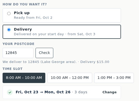 The product page after a valid postcode, with the three time slots 8:00 to 10:00 AM, 10:00 AM to 12:00 PM and 1:00 to 3:00 PM and the chosen delivery and collection dates