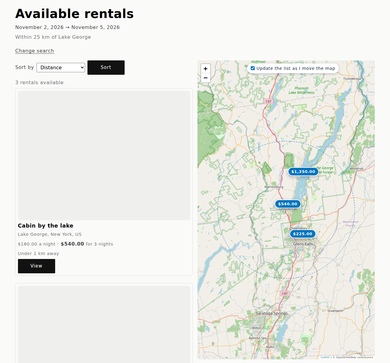 The Available rentals page for 2 to 5 November within 25 km of Lake George, with a cabin priced 180 dollars a night and 540 dollars for 3 nights next to a map with a price pin for each rental