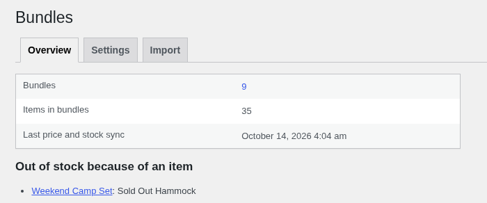 The Overview tab of WooCommerce > Bundles.