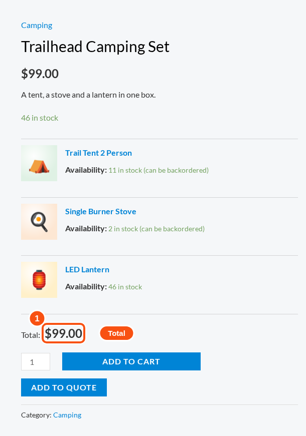 A finished fixed bundle on the product page with its items and total.